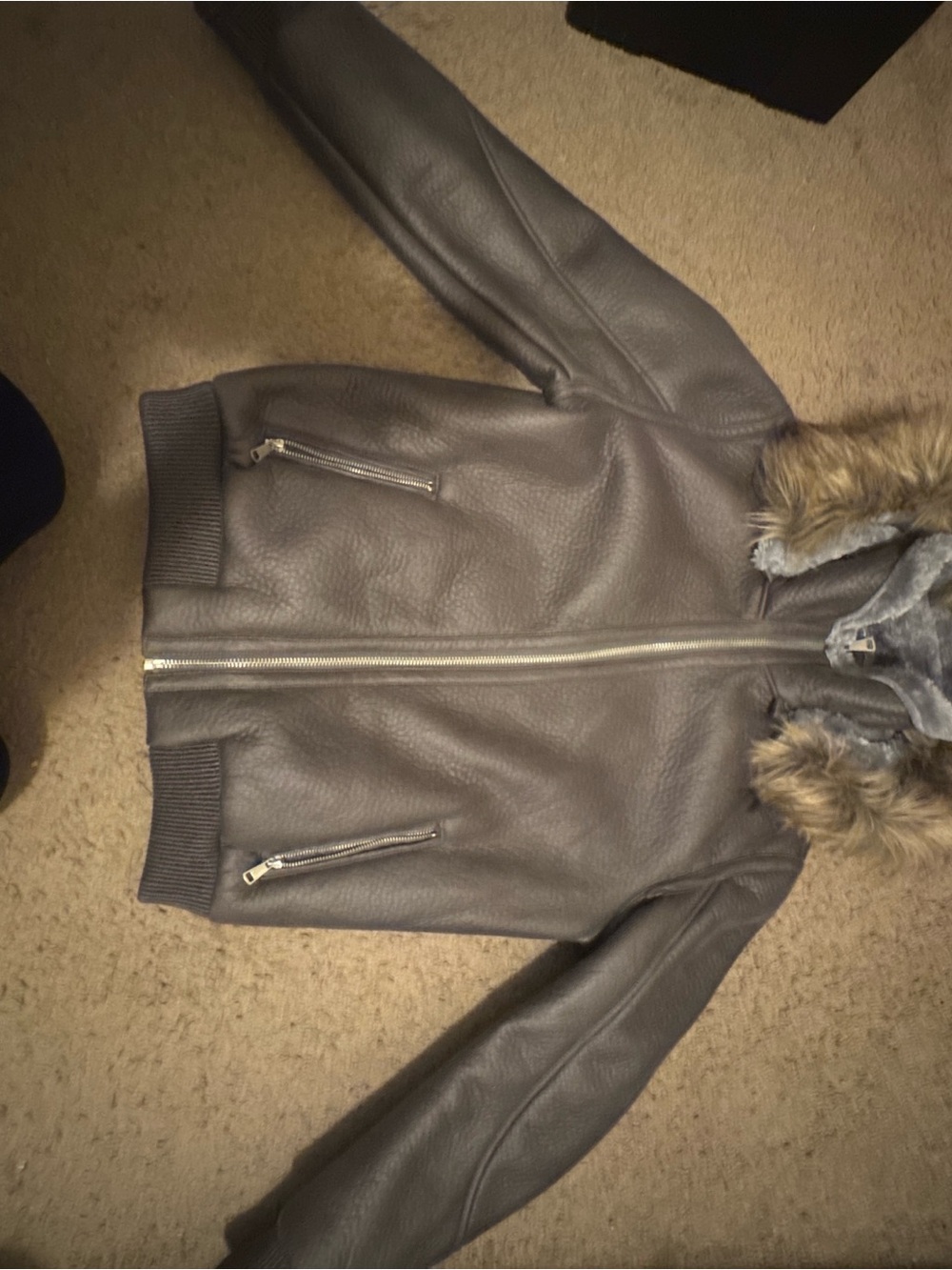 Gray Faux Leather Bomber Jacket with Fur-Trim Hood